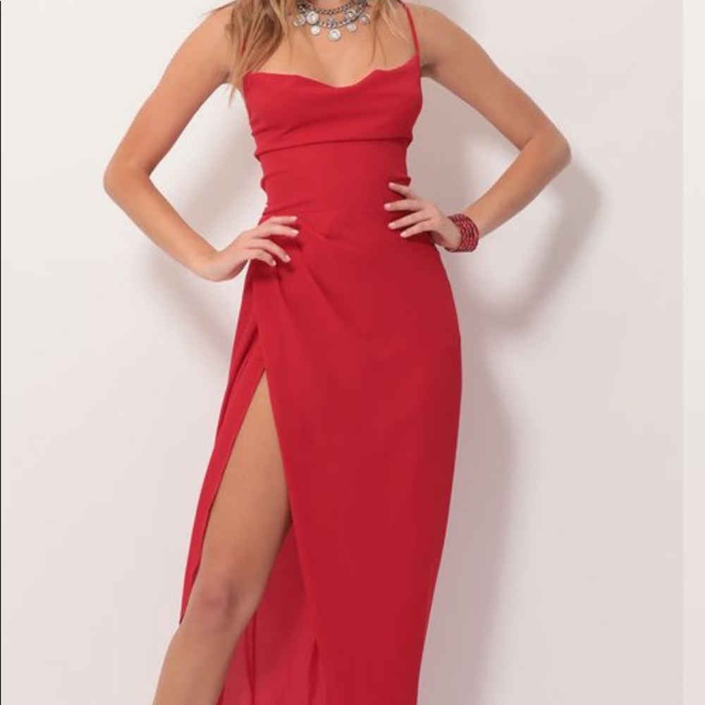 Lucy In The Sky Red Maxi Dress with Open Back and Slit